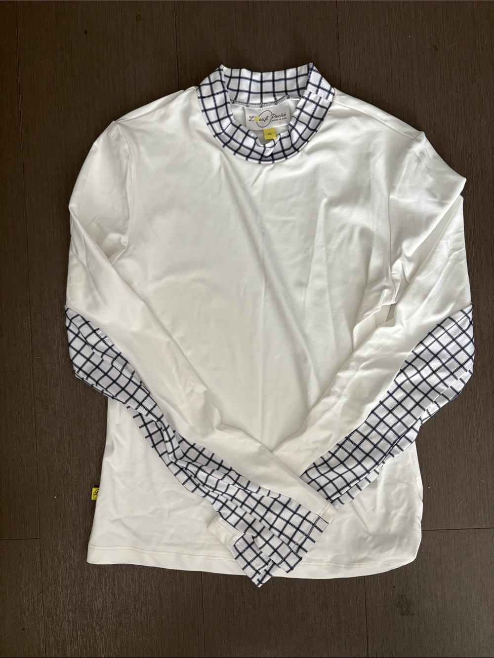 White Long-Sleeve Top with Navy Grid Trim - Women's
